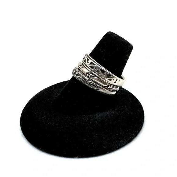 Sterling Silver Stacking Rings Dainty Bands Filigree Floral Size 7 1/2 to 7 3/4 - Picture 3 of 13